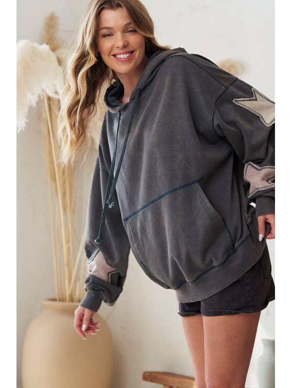 JADE BY JANE - Wholesale Hoodie - Women's - MINERAL WASHED LONG SLEEVE STAR PATCHED HOODIE12