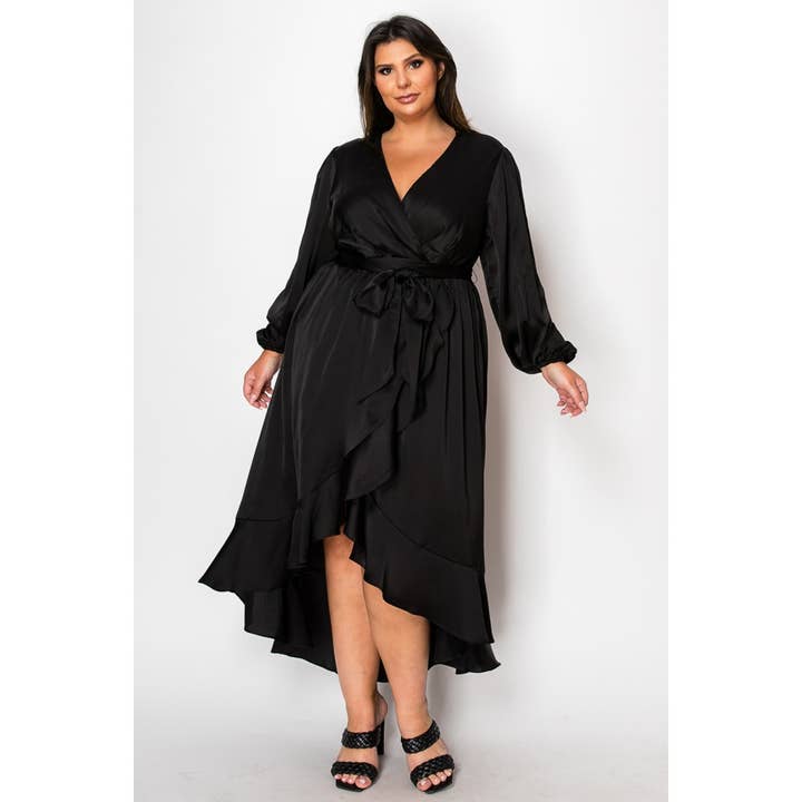 Curve Market - Wholesale Dress - Women's - PLUS SIZE SATIN SURPLICE LONG SLEEVE TIE WAIST RUFFLE TRIM H