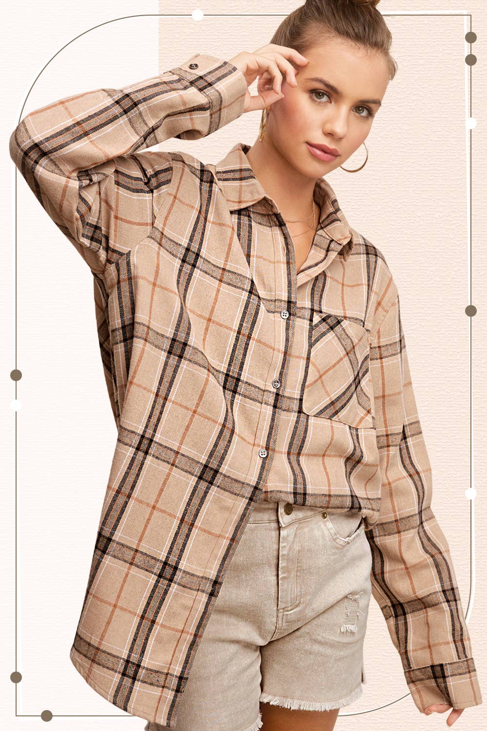 La Miel - Wholesale Button Down Shirt - Women's - SRT1312-Loose Fit Button Down Soft Fabric Plaid Shirts3