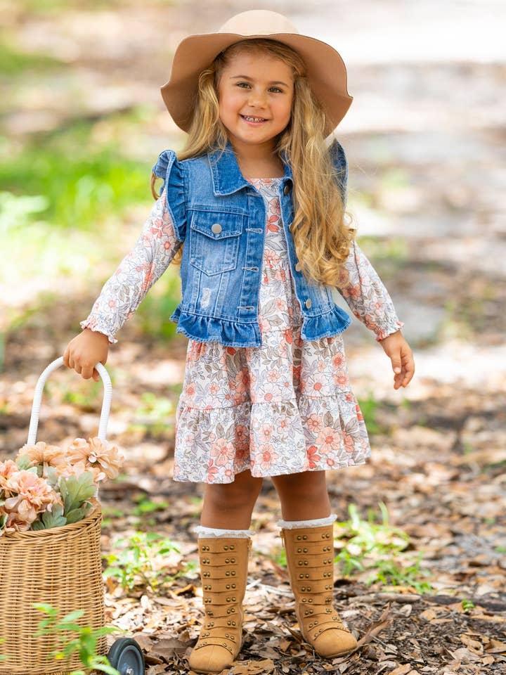 Multicolor Long Sleeve Floral Dress w/ Ruffle Denim Vest & Set for wholesale on Faire