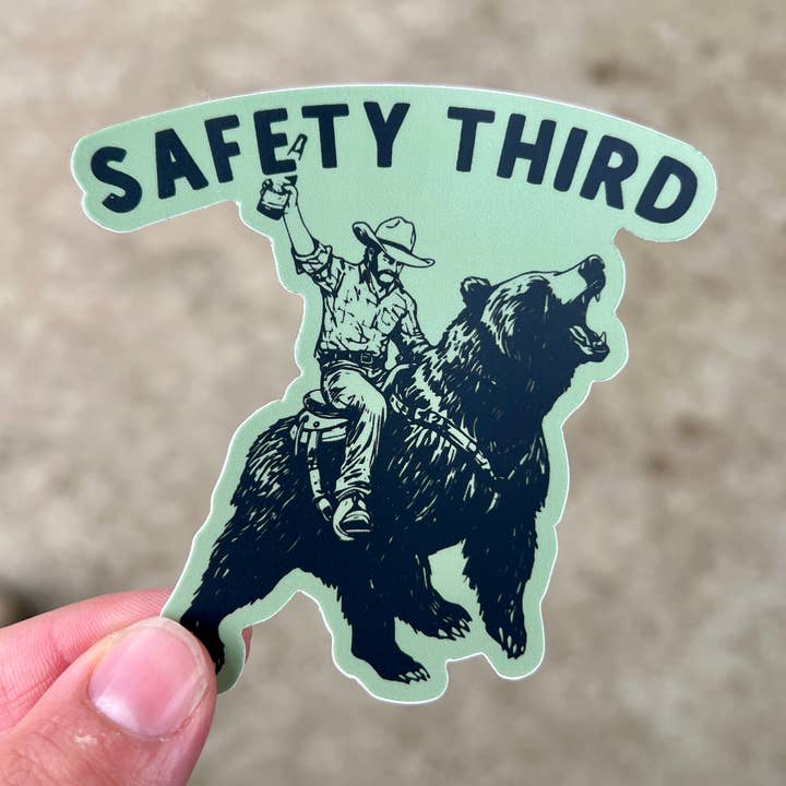Funny Bear Sticker | Safety Third Outdoor Adventure Decal 83 for wholesale by 208 Tees