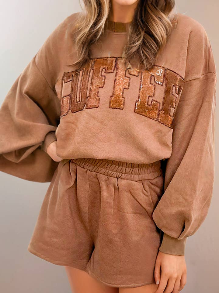 Sequined COFFEE Print Loose Fit Sweatshirt and Shorts Set for wholesale by LA Society