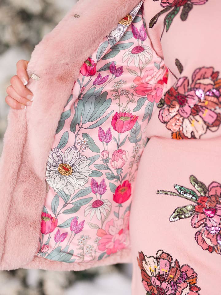 Brianna Cannon - Wholesale Fur/Faux Fur Coat - Women's - Dusty Pink Vegan Fur Coat with Floral Lining 26
