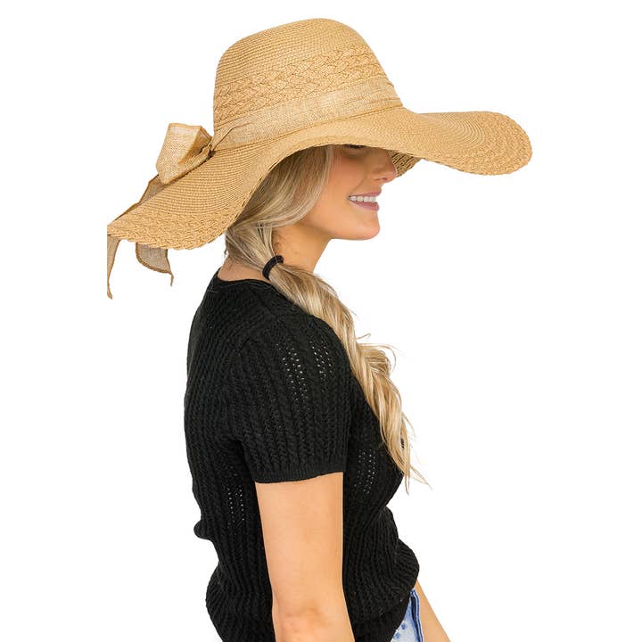 Cap Zone - Wholesale Straw Hat - Women's - Scallop Hem Burlap Chiffon Bow Paper Straw Floppy Sun Hat
