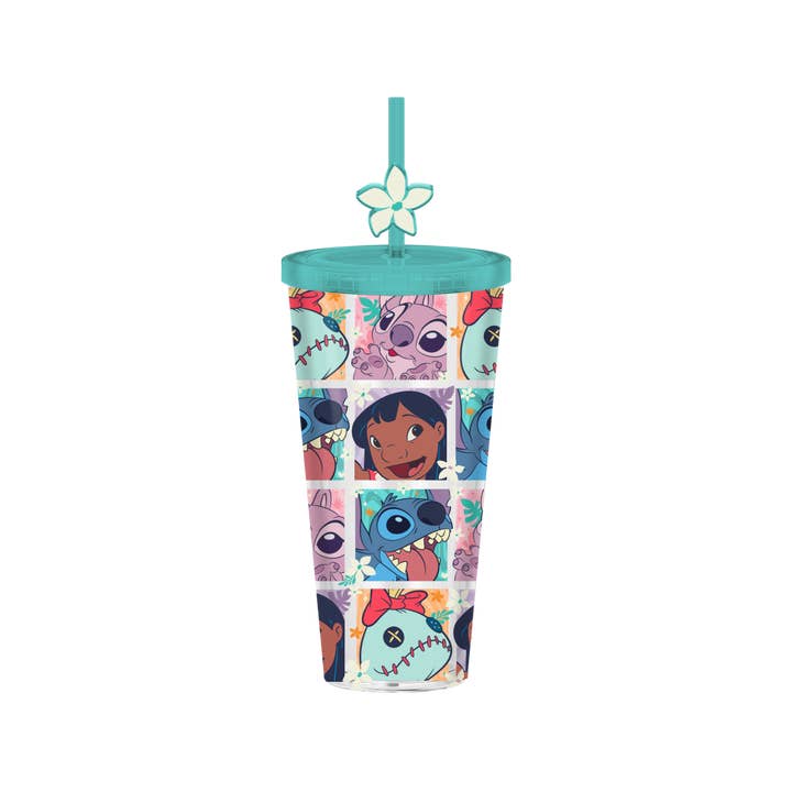 Silver Buffalo - Wholesale Drinking Glass/Cup - Lilo and Stitch Floral Character Grid 24oz Plastic Cold Cup
