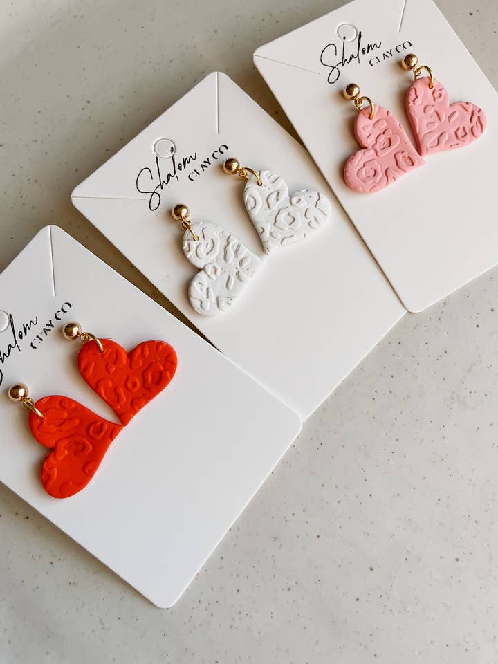 Cheetah Print Heart Earrings I Valentines Earrings for wholesale by Shalom Clay Company