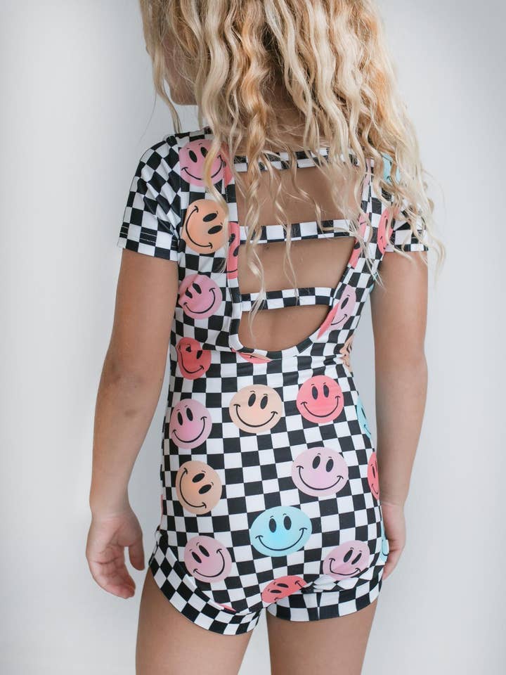 Oopsie Daisy - Wholesale Leotard - Kids - Kids Retro Smiley Face Checkered Dance Gymnastics Leotard