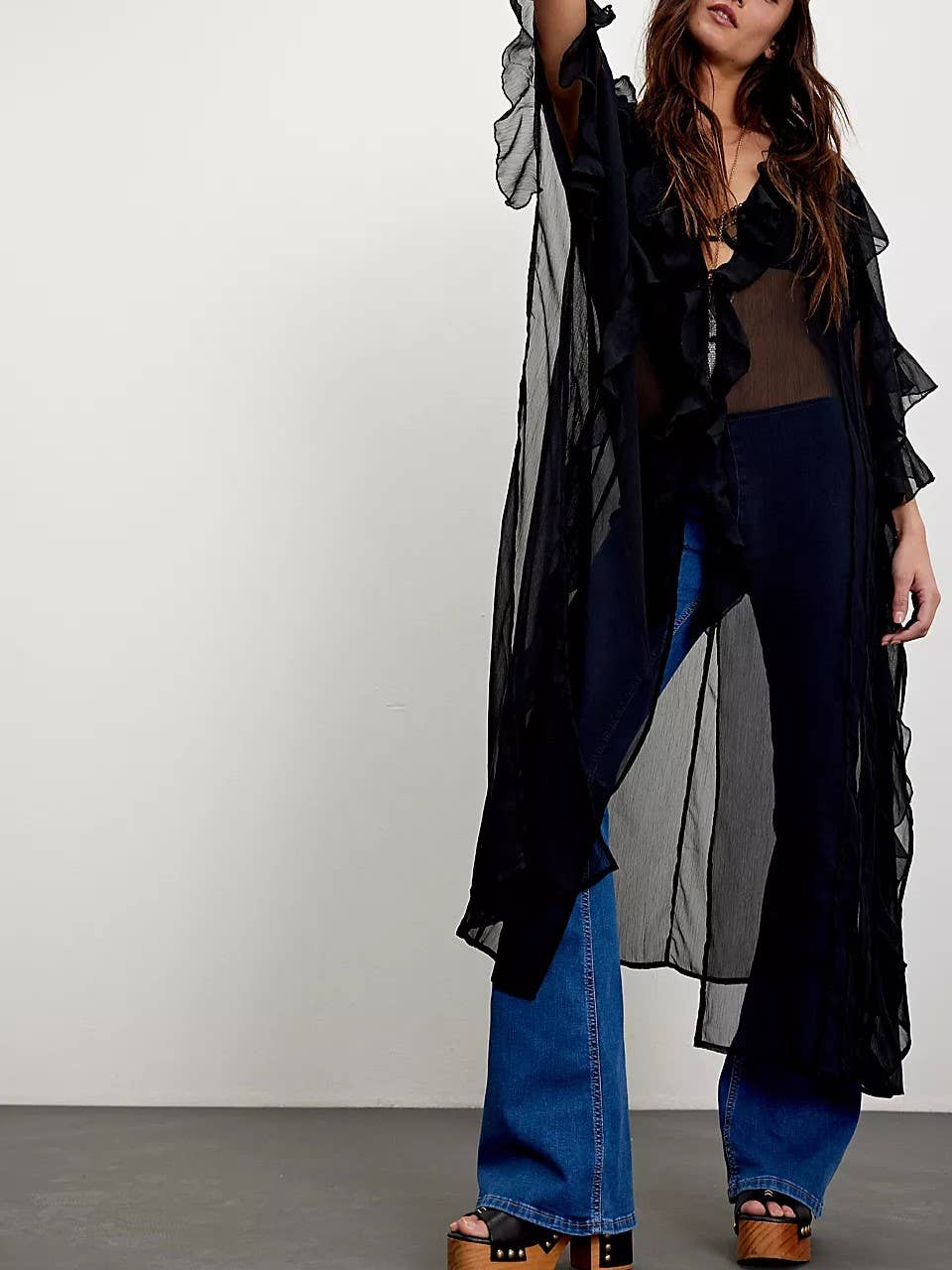 Rosa Clothing - Wholesale Jacket - Women's - Boho lightweight sheer ruffle maxi top duster kimono jacket5