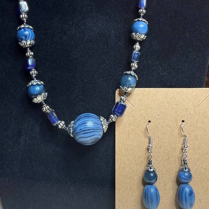 Got the Blues - Unique Blue Beaded Necklace & Earrings for wholesale by Reclaimed by Monica