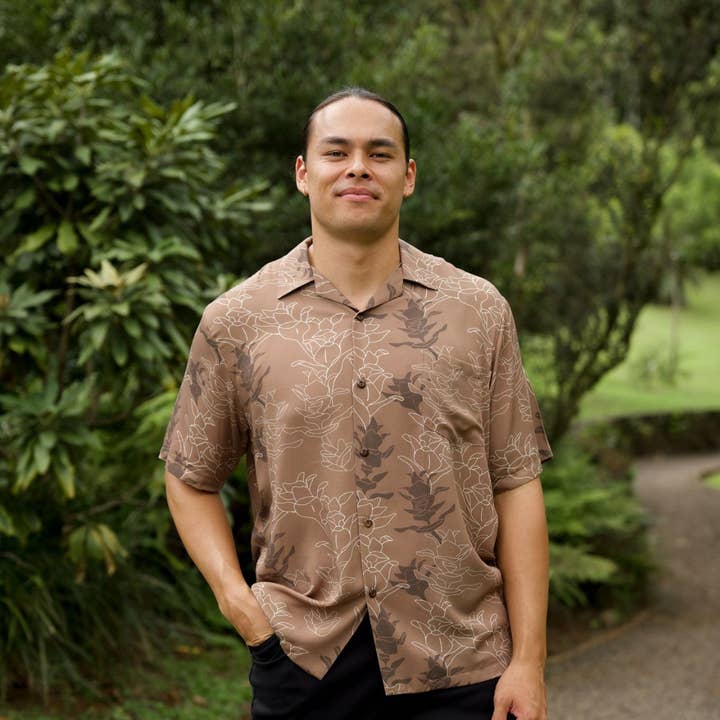 Kāne Aloha Shirt-Liko Lehua in Maku'e (brown) for wholesale by Lahaʻole Designs