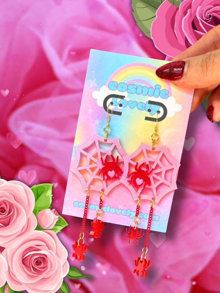 Brincos de Teia de Aranha Iridescente Rosa do Dia dos Namorados por atacado de Cosmic lovely