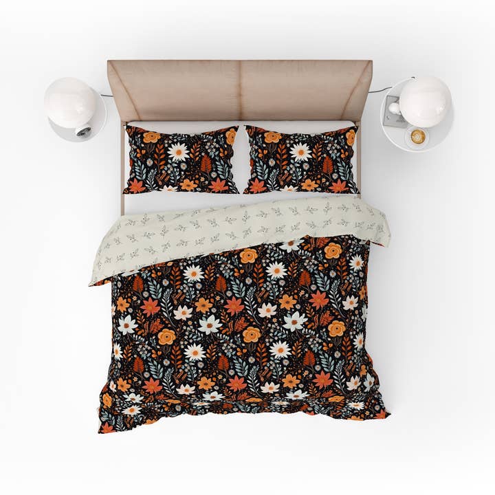 Bohemian Black Orange Wild Floral Cotton Reversible Quilt Cover Set for wholesale by Adore India