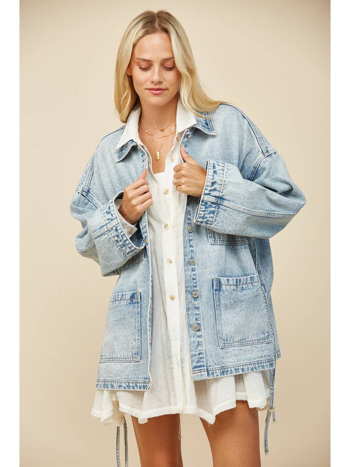 BOHO SIDE TIE DETAIL OVERSIZED DENIM JACKET 6439JIA for wholesale on Faire