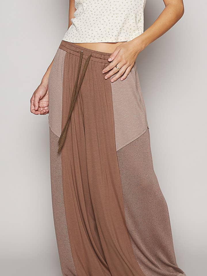 Pol Clothing - Wholesale Pants - Women's - Elastic waistband color block solid knit pants