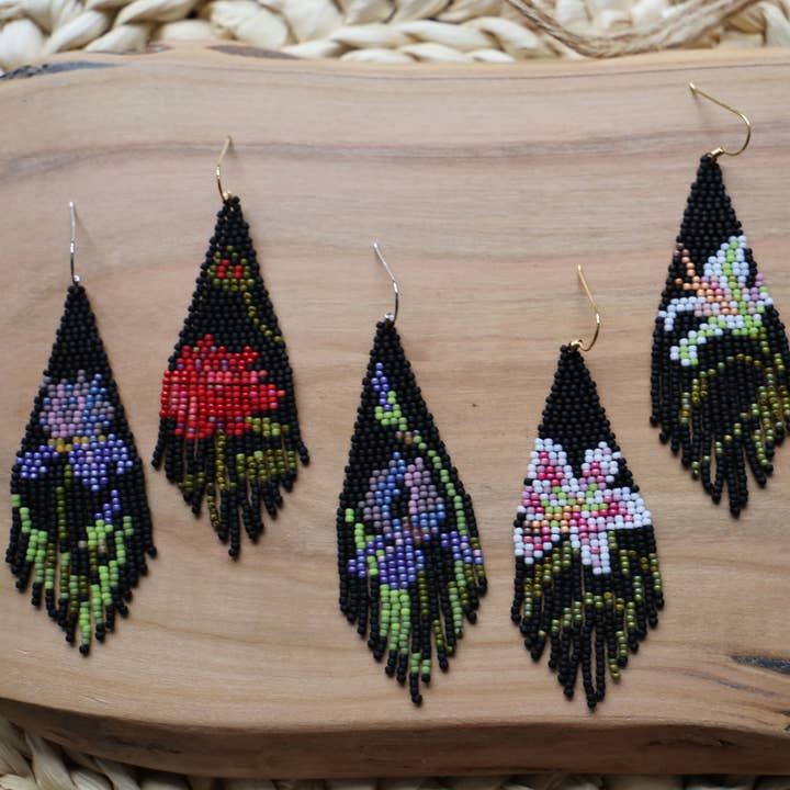 BerdorBeads - Wholesale Dangle Earrings - Dark flowers-handwoven beaded fringe earrings,rose,iris,lily5