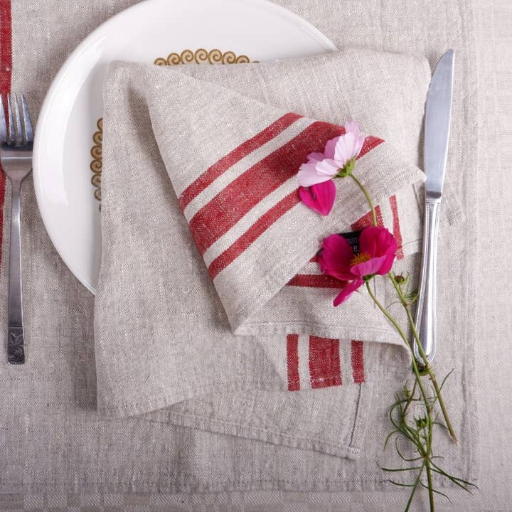 Guardanapo de linho às riscas Burgundy Natur/Placemat Village por atacado de NorraVilla