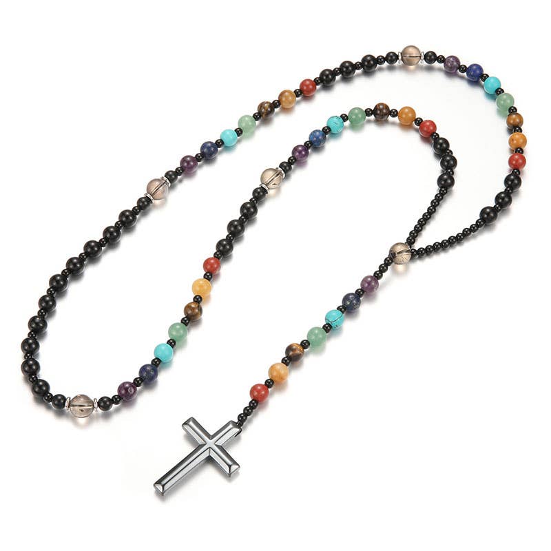 Gemcohub - Wholesale Spiritual Stone/Crystal - Beads Multicoloured Natural Stone Cross Rosary Necklace3