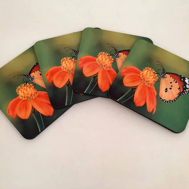 Butterfly / Flower 4 Piece Coaster Set Hardboard W/Cork for wholesale by GP Originals