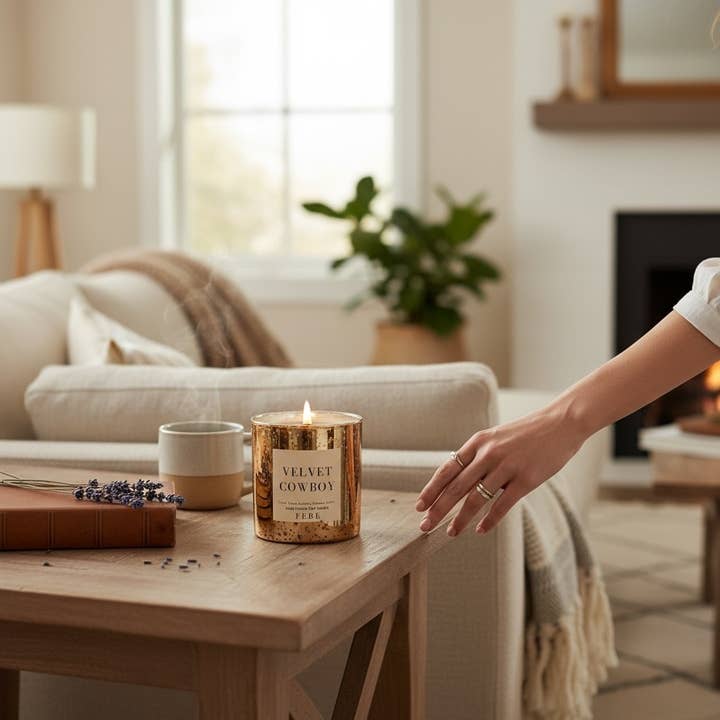 FEBE Candles - Wholesale Jar/Filled Candle - Velvet Cowboy - Cedarwood + Lavender 10 oz Gold Glass Candle2