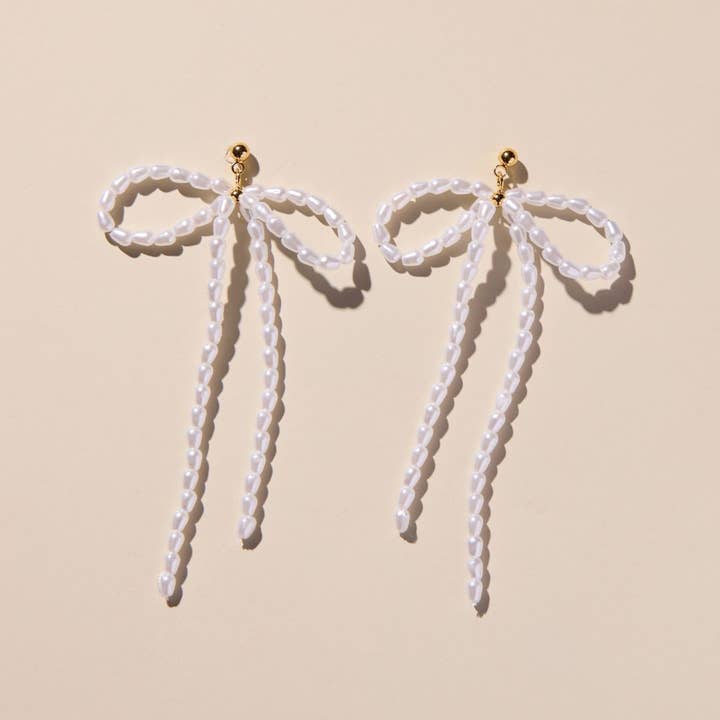 Pearl Bow Drop Earrings for wholesale by Nickel and Suede
