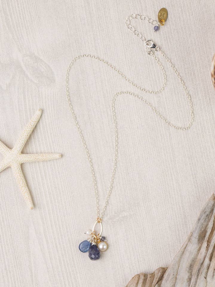 Seaside 17-19" Iolite, Freshwater Pearl, Kyanite Cluster Necklace for wholesale by Anne Vaughan Designs Jewelry