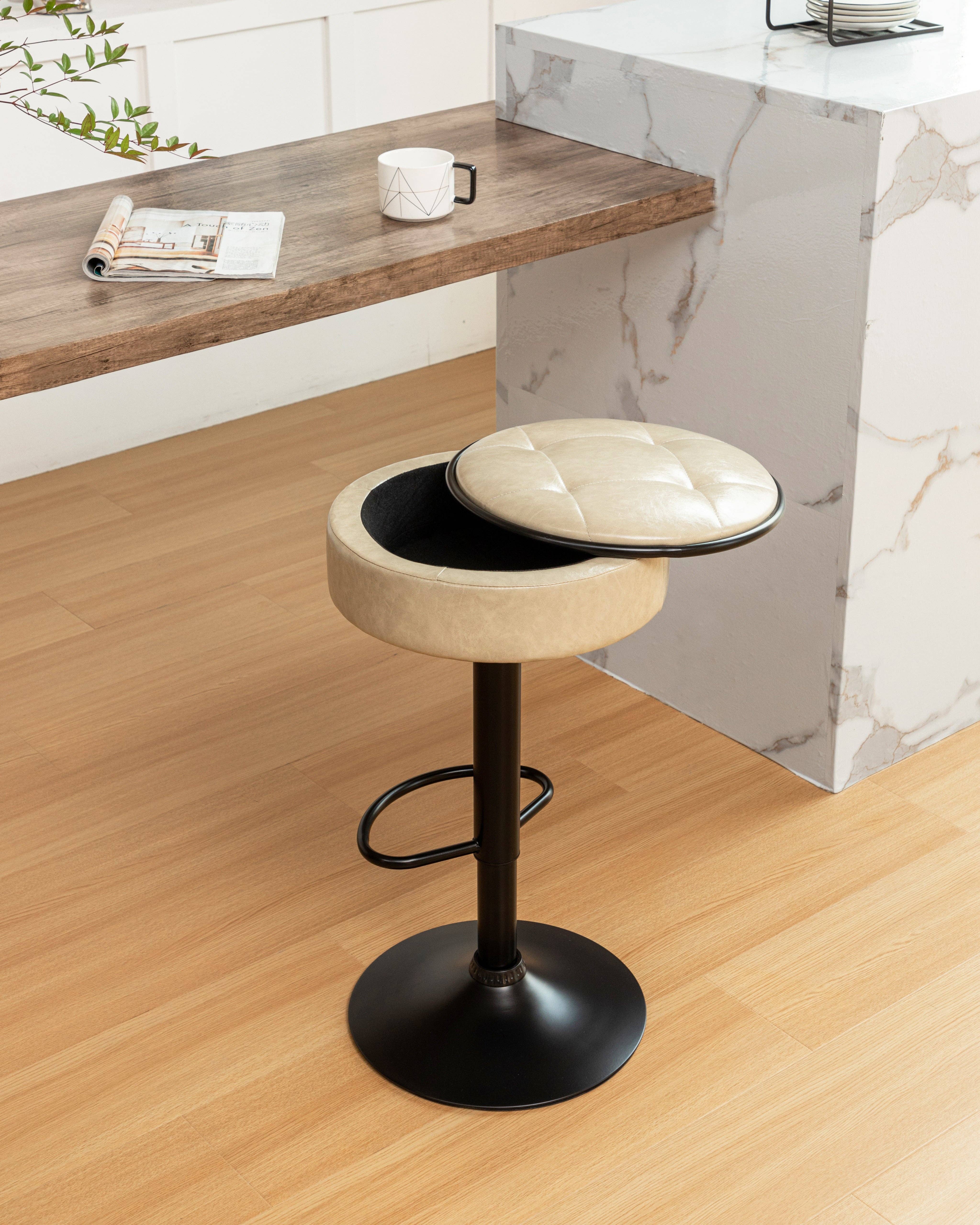 Orange County Decor - Wholesale Stool - Round Storage Bar Stool Set Of 2, Khaki Faux Leather Height Adjustable Barstool, 360 Counter Height Swivel Stool, Armless Bar Chair With Metal Frame For Kitchen Counter Dining Living Room Khaki Set22