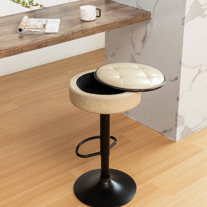 Orange County Decor - Wholesale Stool - Round Storage Bar Stool Set Of 2, Khaki Faux Leather Height Adjustable Barstool, 360 Counter Height Swivel Stool, Armless Bar Chair With Metal Frame For Kitchen Counter Dining Living Room Khaki Set22