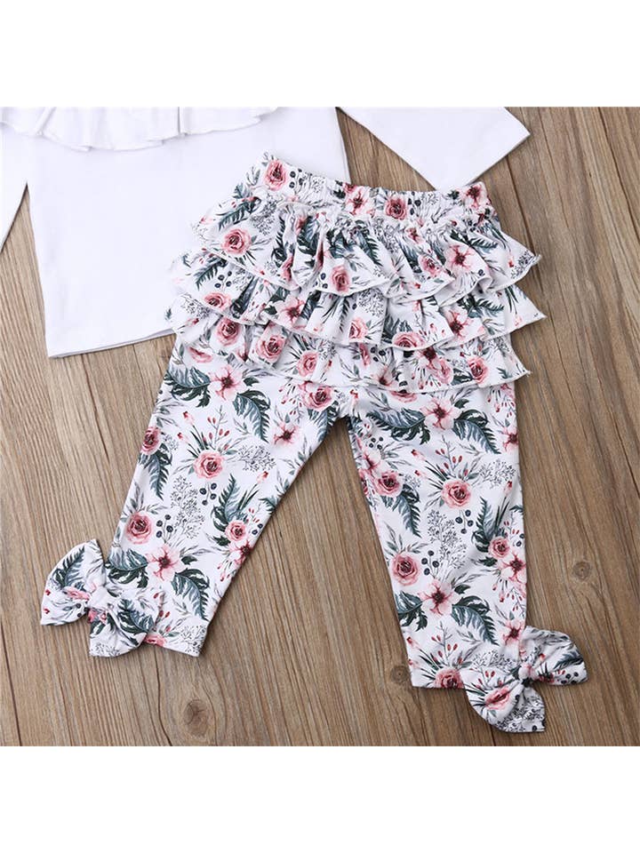 Fennco Styles - Wholesale Clothing Set - Baby - Floral Ruffled White Baby Long Sleeve Top, Pants & Headband