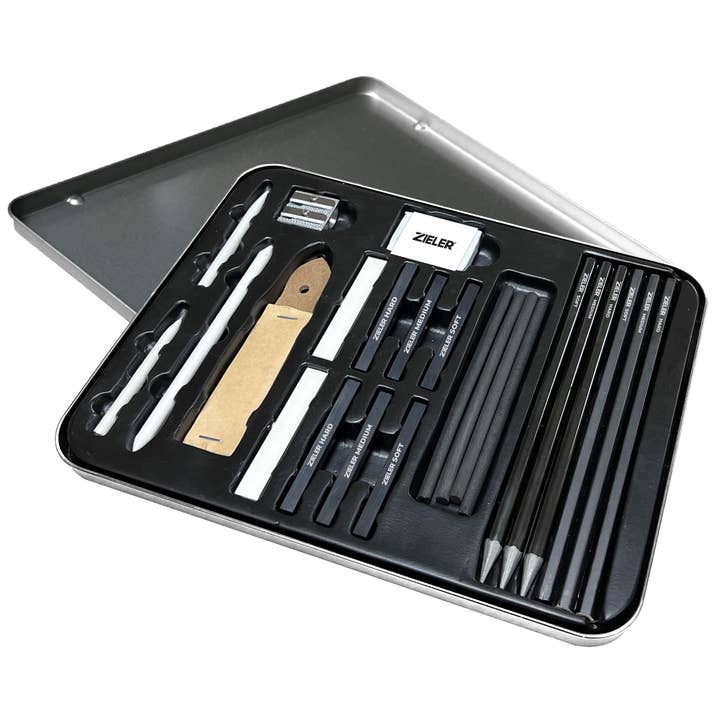 Zieler – Conjunto de arte - Crianças e bebés por atacado – Conjunto de Carvão para Desenho Artístico – Estojo Presente com 24 Peças8