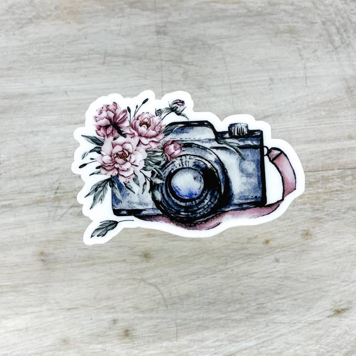 Savannah and James Co - Wholesale Sticker - Floral Blue Camera With Strap, Sticker, 3x3 inch1