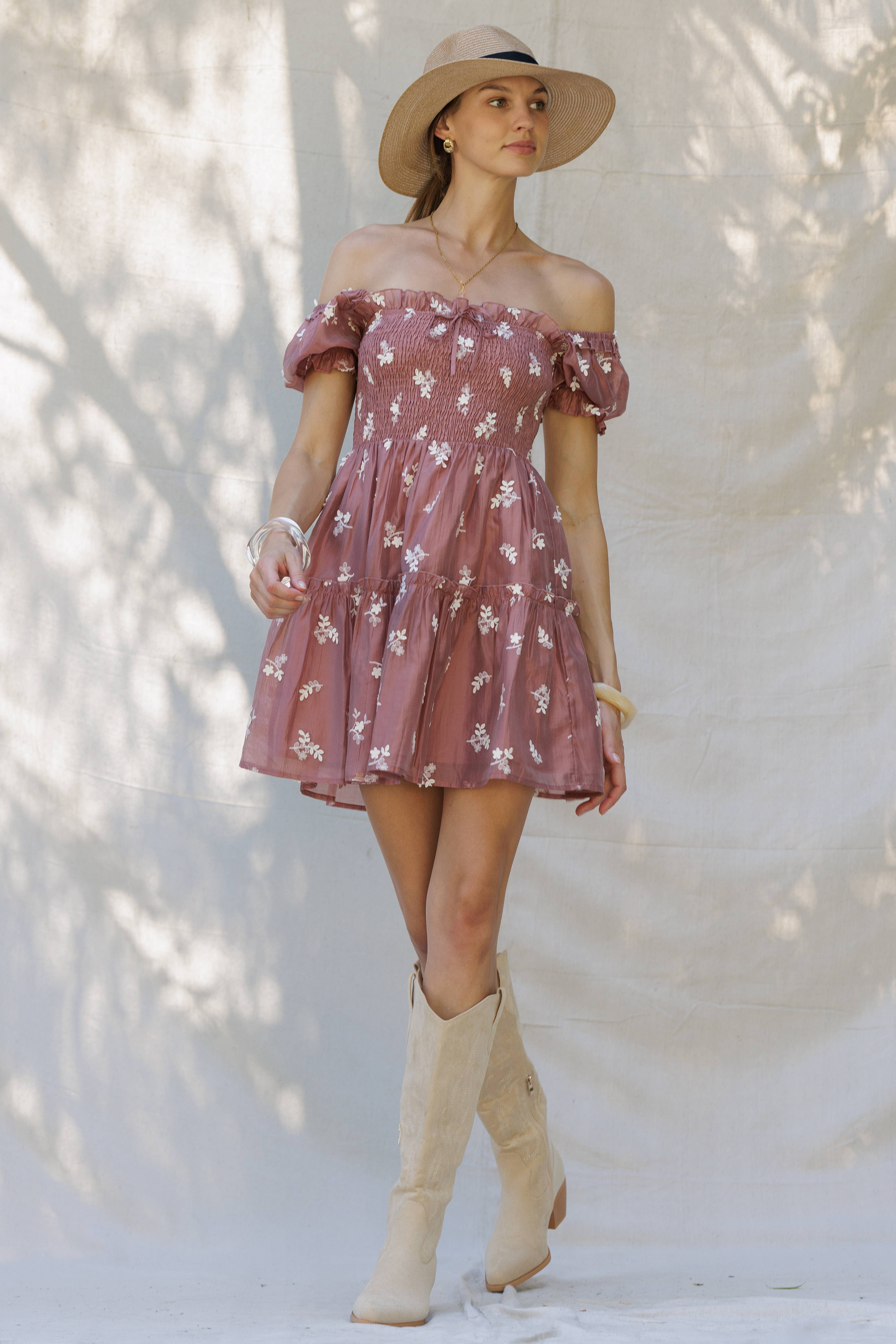 dusty rose YD5097 Embroidered Off-Shoulder Smocked Mini Dress for wholesale on Faire1