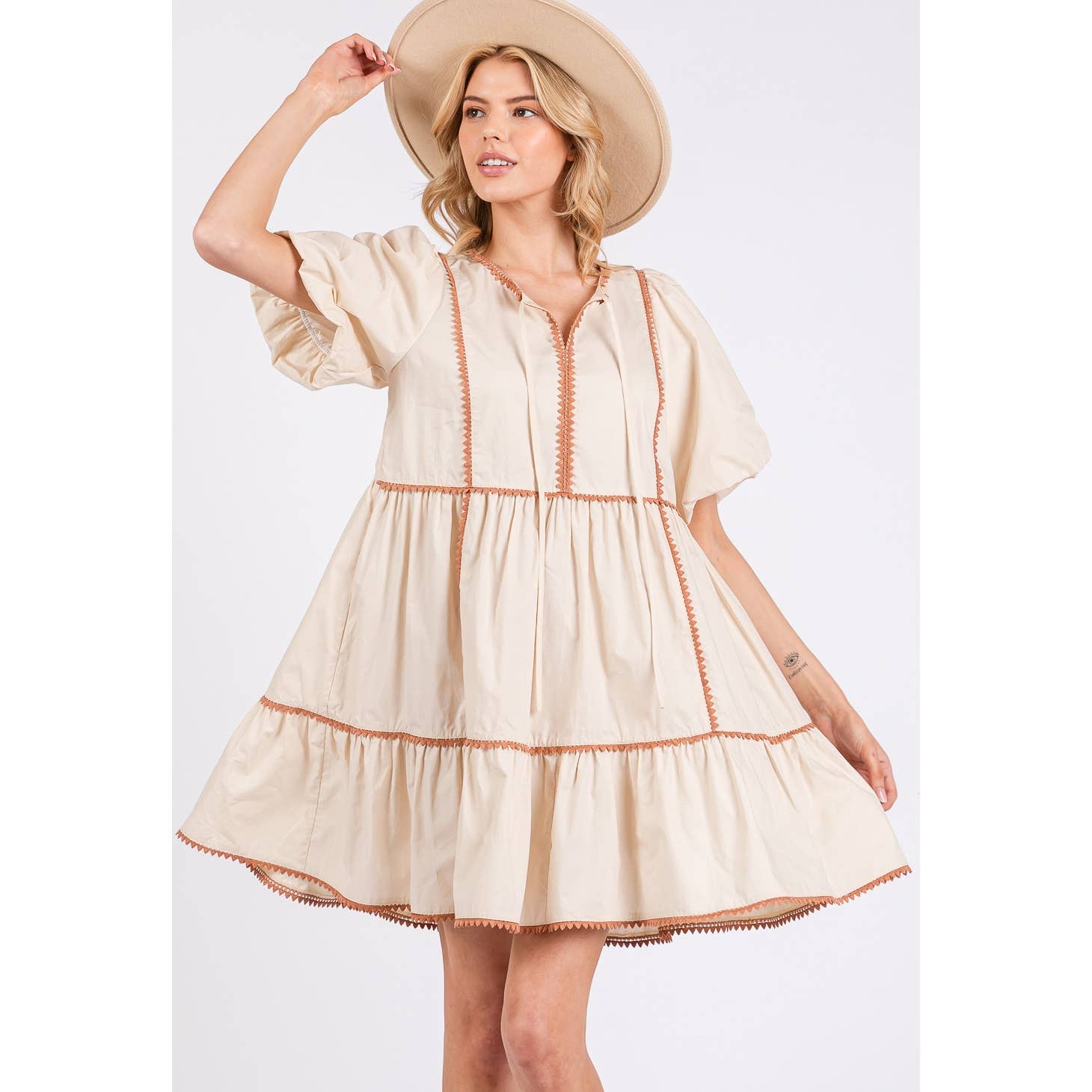 Beige RUSTIC TIERED PRAIRIE MINI DRESS (SD7694) for wholesale on Faire0