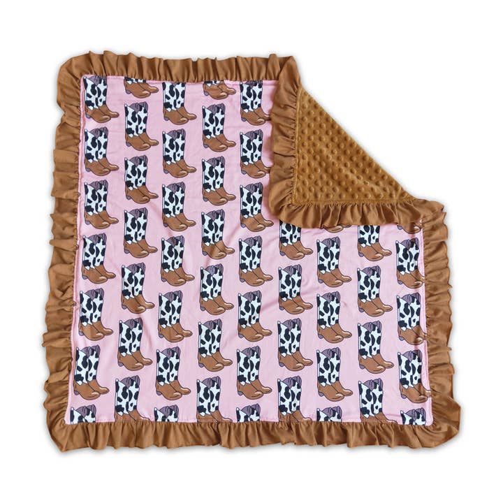 Yawoo Garments - Wholesale Bedding Blanket - Kids & Baby - Boots print brown ruffle minky baby kids blankets