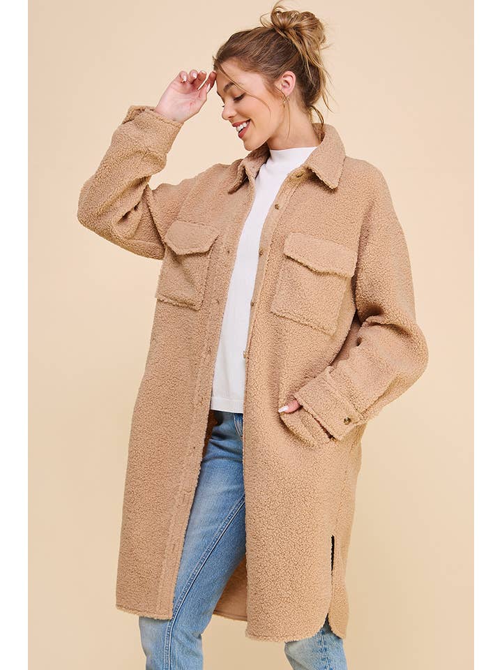 Dusty Rose Long Sherpa Shacket with Pockets for wholesale on Faire4