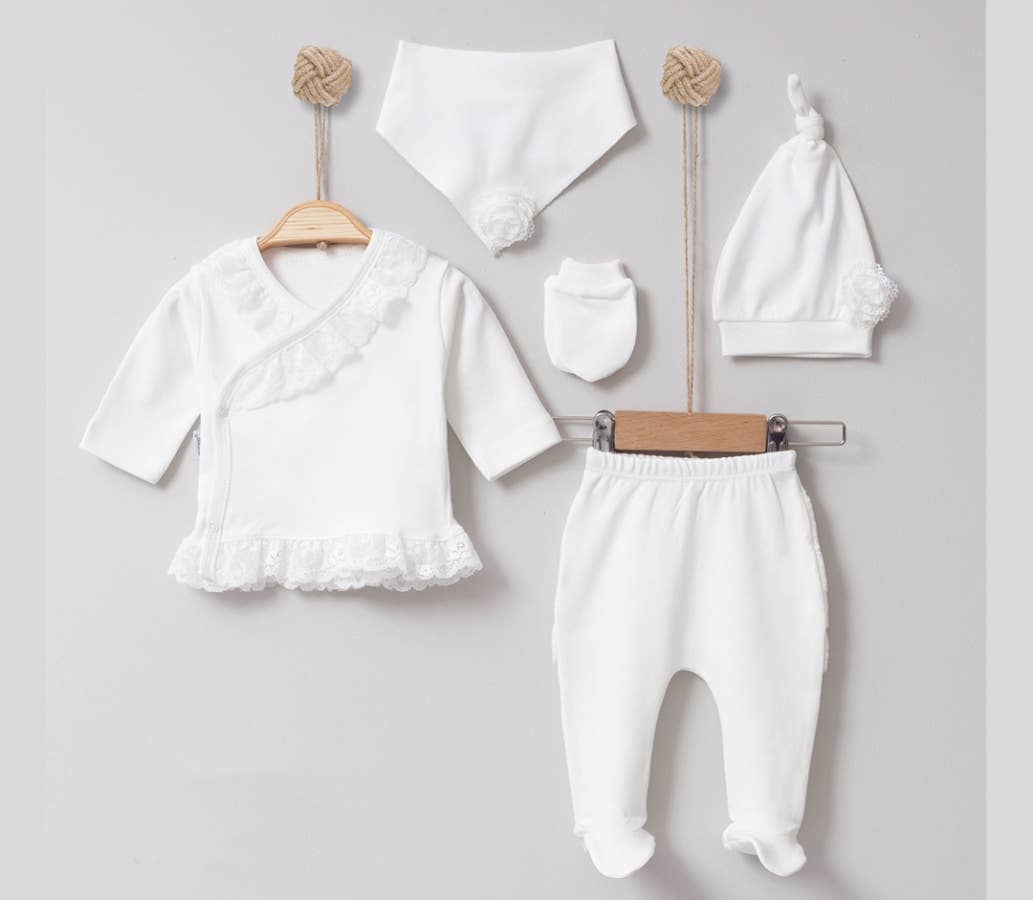 Omnis Pura – wholesale Clothing set – Baby – Elegant 5-Piece Newborn Baby Girl Set | White | Lace Trim2