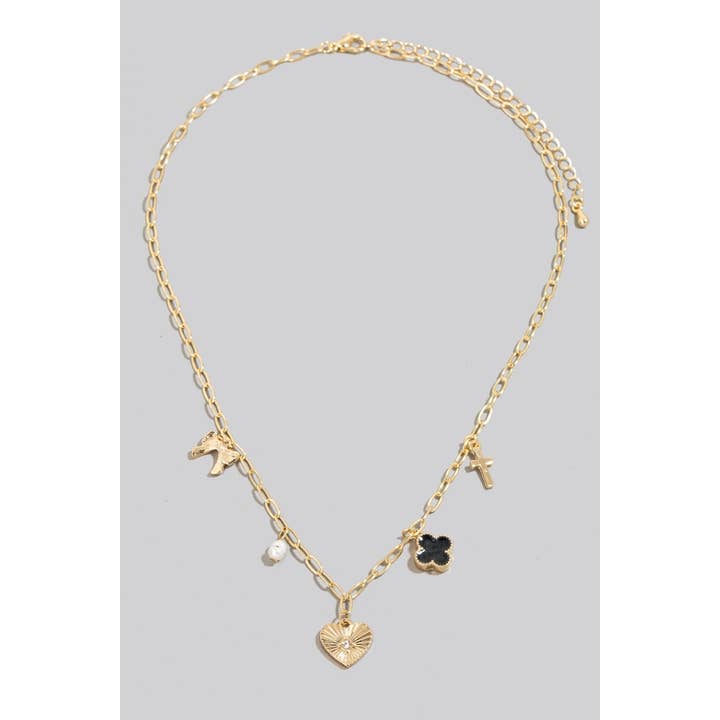 The Looks by Fame Accessories - Wholesale Link & Chain Necklace - Epoxy Clover Heart Cross And Pearl Charms Chain Necklace