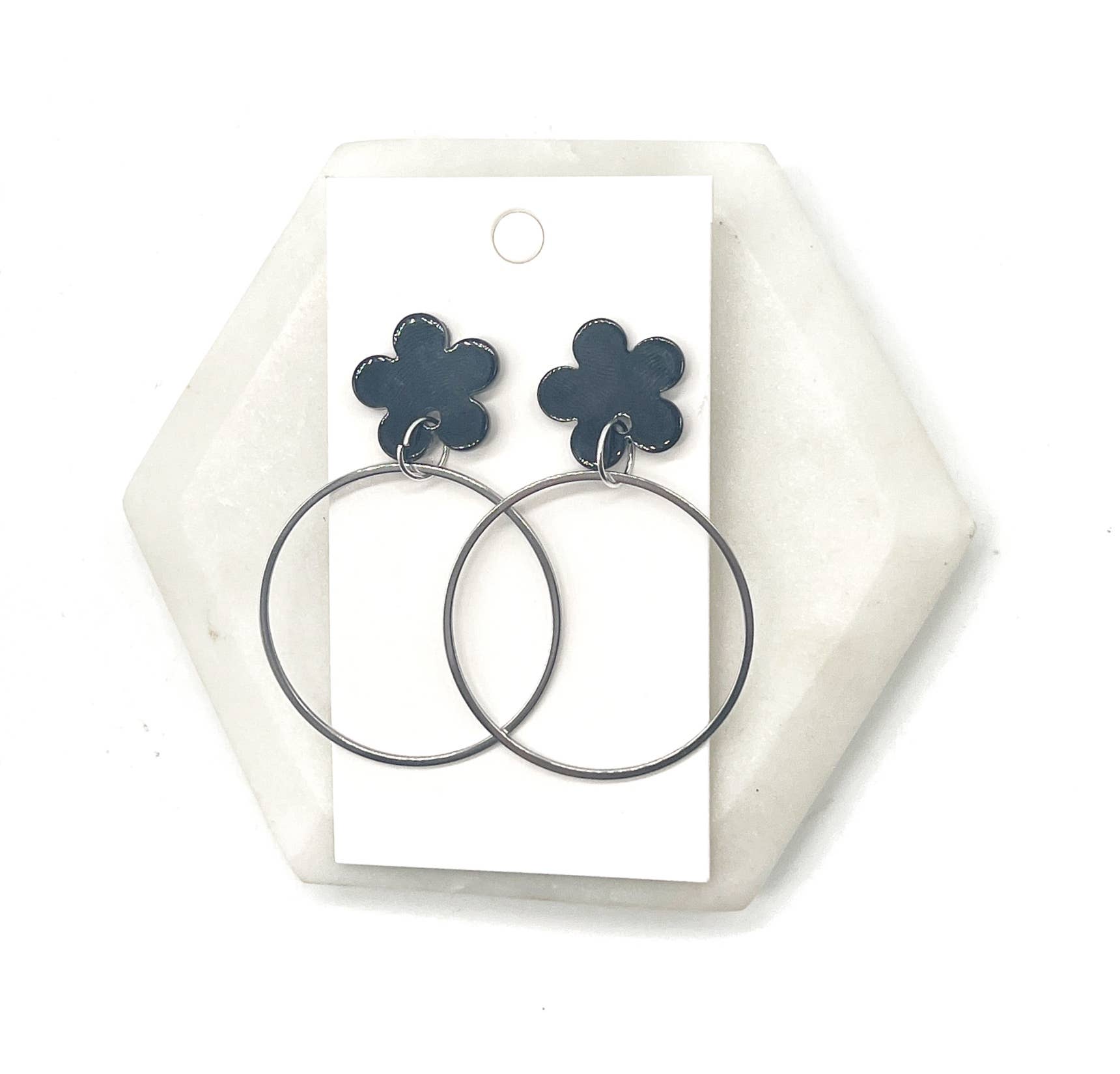 Baubles by B - Wholesale Dangle Earrings - Black Blossom Flower Silver Hoop Earrings3