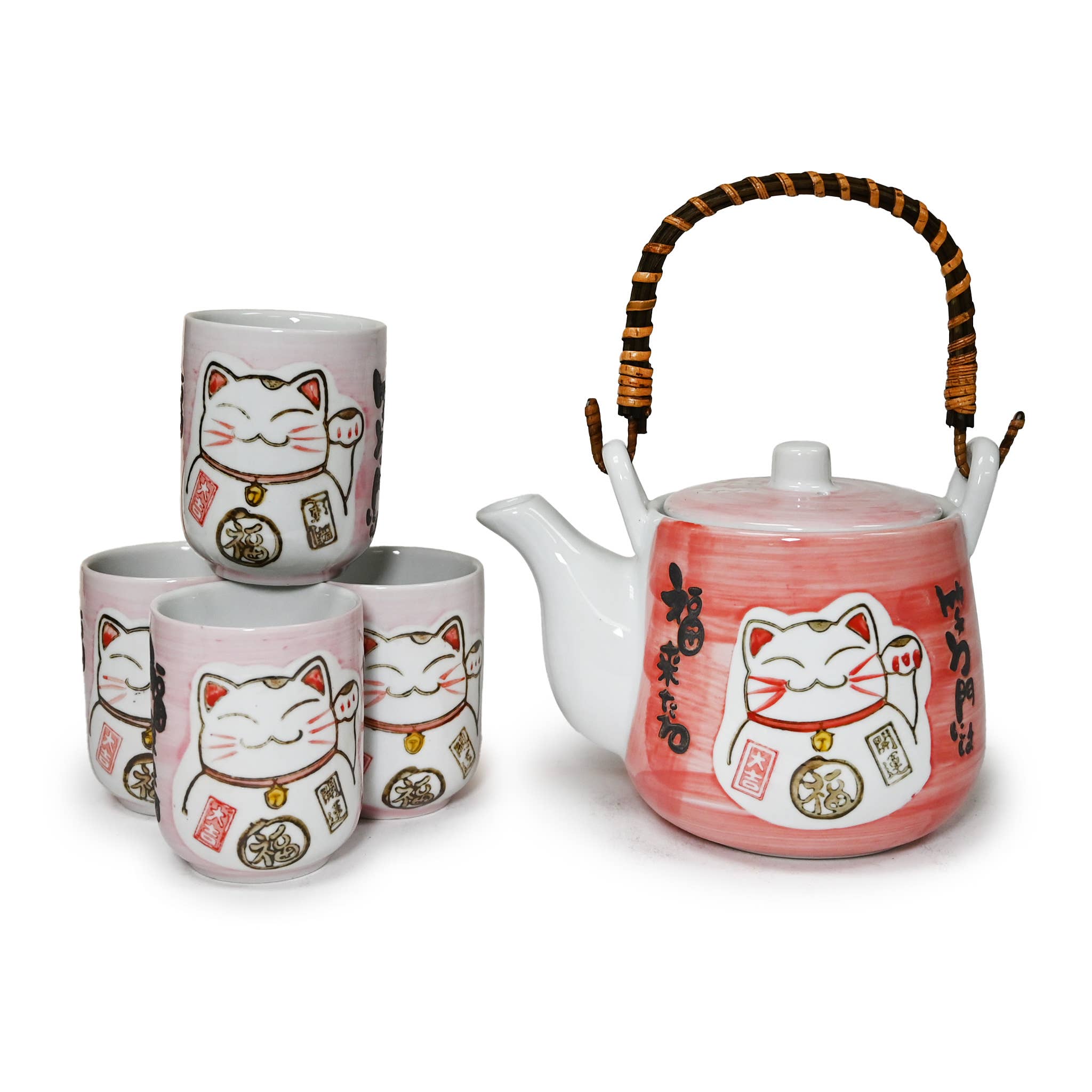 Fuji Merchandise Corporation - Wholesale Tea Set - TEA SET – PINK LUCKY CAT WITH JAPANESE TEXT0