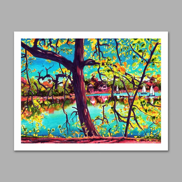 Autumn at Jamaica Pond Print for wholesale by Stephanie Vecellio Illustration
