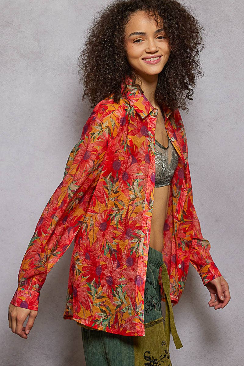 Pol Clothing - Vente Chemise à col boutonné – femme - Haut chemise tissé à manches longues imprimé floral16