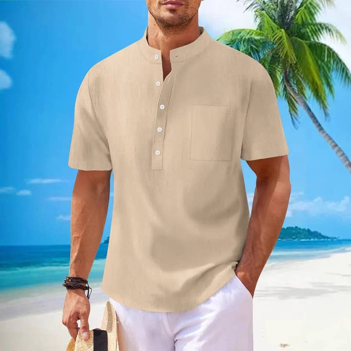 Chemise à manches courtes en coton et lin pour homme, col mao, coupe ample, style décontracté Henley pour la vente par Aromatized Collection
