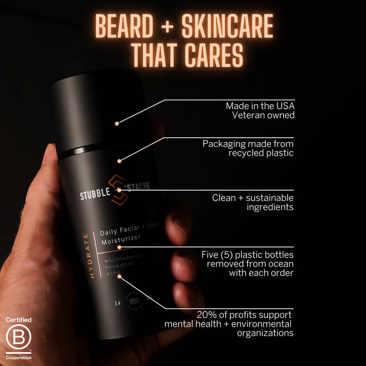 stubble + 'stache - Wholesale Facial Moisturizer - Men's - Hydrate: Daily Probiotic Facial + Beard Moisturizer