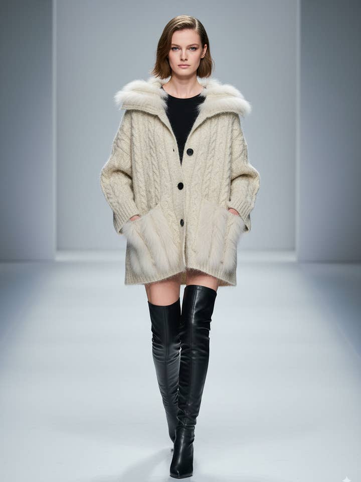 CCIC New York - Wholesale Cardigan - Women's - Faux Fur Cardigan Cable Knit Sailor Collar Statement1