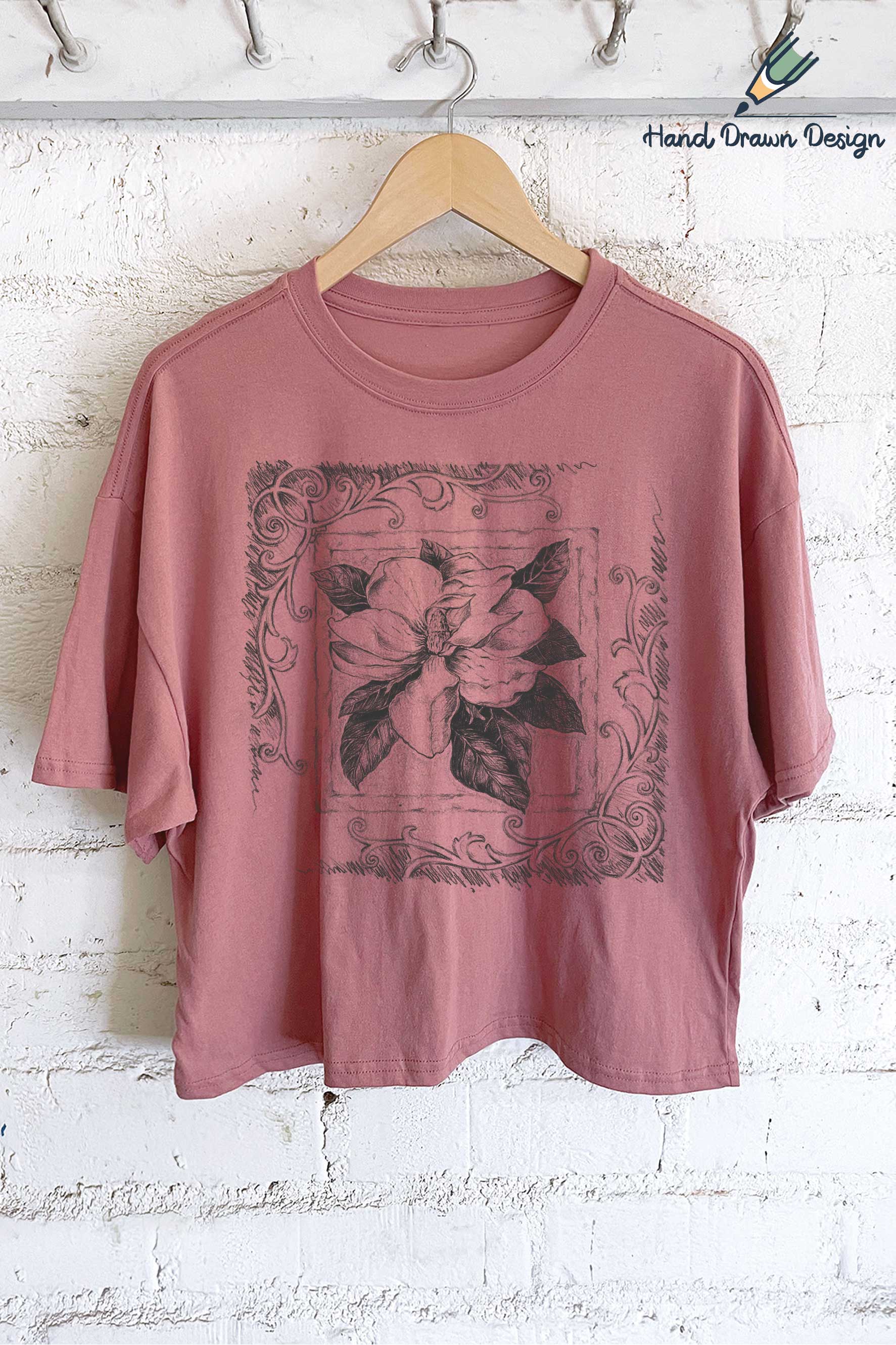 Rustee Clothing – Engroshandel T-shirt med print - Dame – MAGNOLIA BLOMST HÅNDTEGNET GRAFISK LANG AFGRØDE TOP1