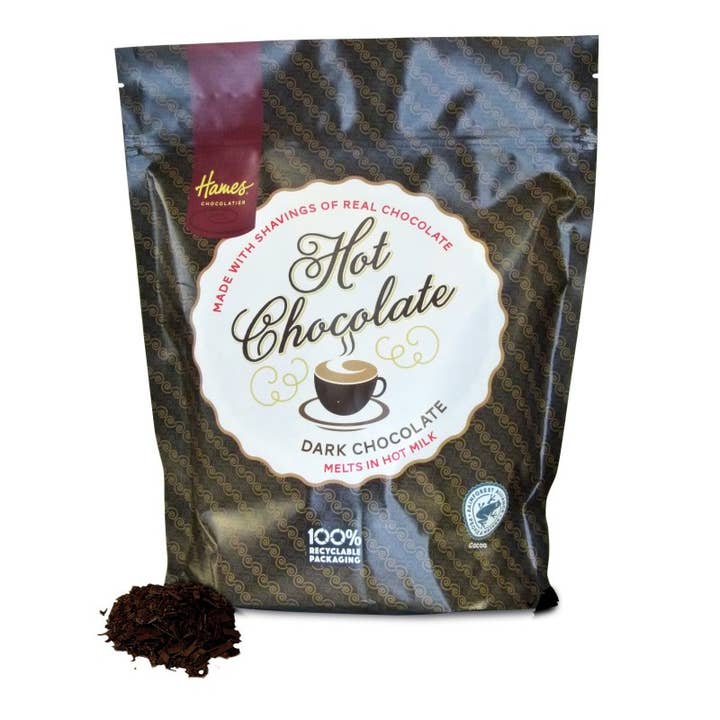 UK ONLY Hames Dark Hot Chocolate Shavings 1kg Catering Pouch for wholesale by Hames Chocolates