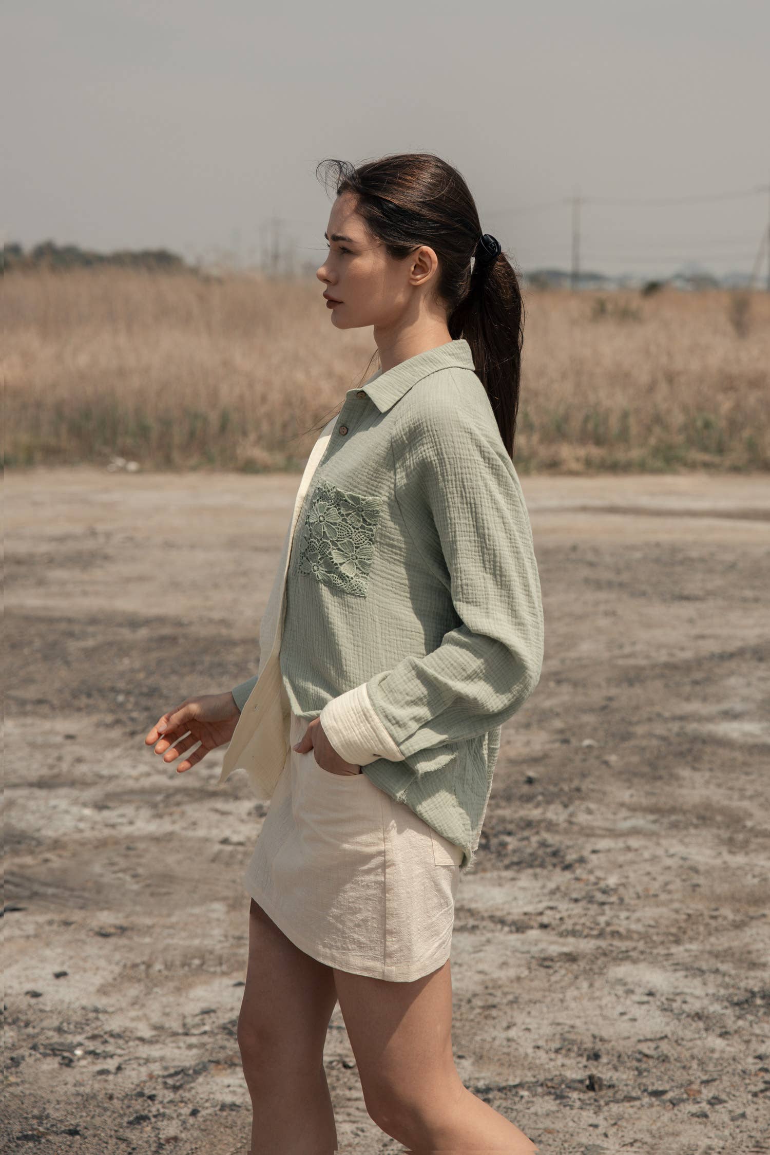 Mint Ivory Color Block Button Down Shirt with Lace Pocket for wholesale on Faire3