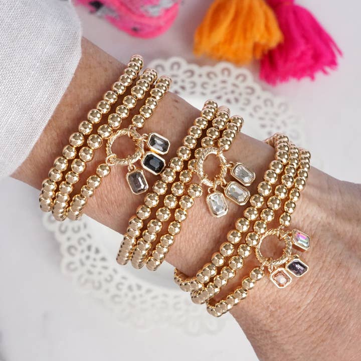 Golden Ball Beaded Stretch Bracelet Stack With Baguette Crystals – Clear Black Pink for wholesale by PennyLine inc