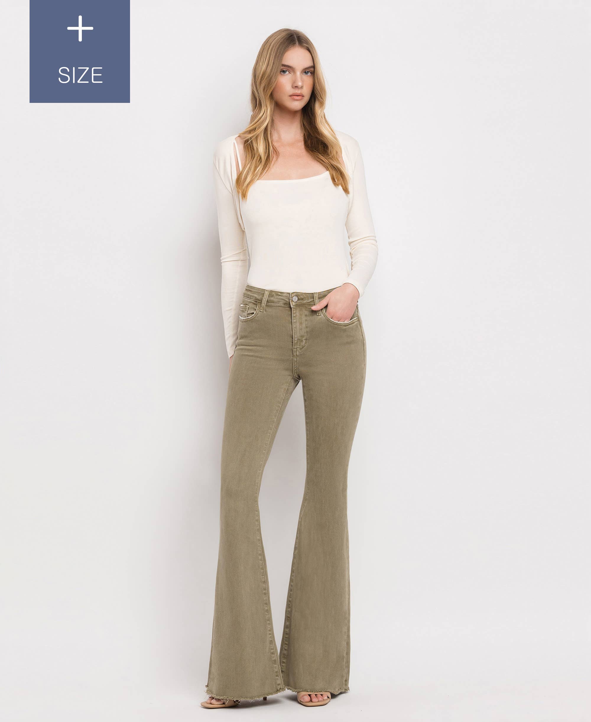 COVERT GREEN PLUS SIZE HIGH RISE SUPER FLARE JEANS V3084CG-P for wholesale on Faire8