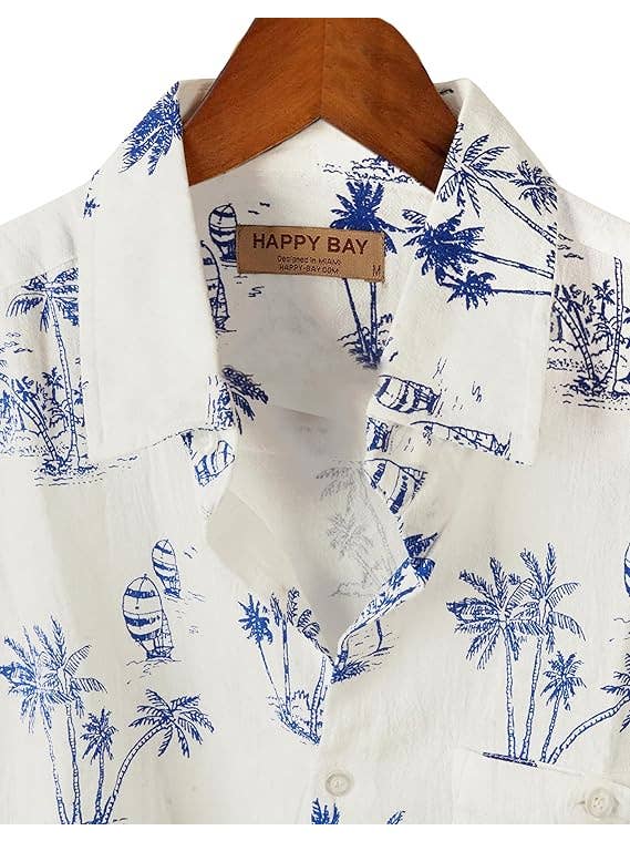 HAPPY BAY Cotton Men's Hawaiian Shirt Blue Palm Tree P00439 for wholesale on Faire3