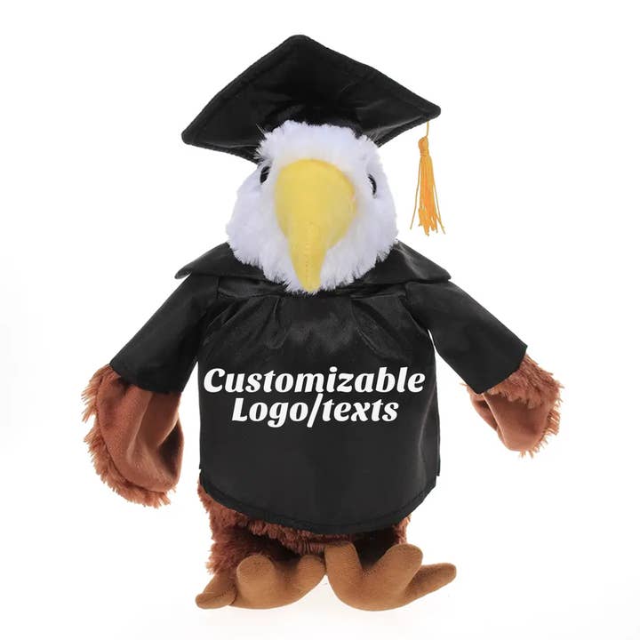 11″ Personalized Graduation Eagle Plush in Custom Cap & Gown for wholesale by Plushland